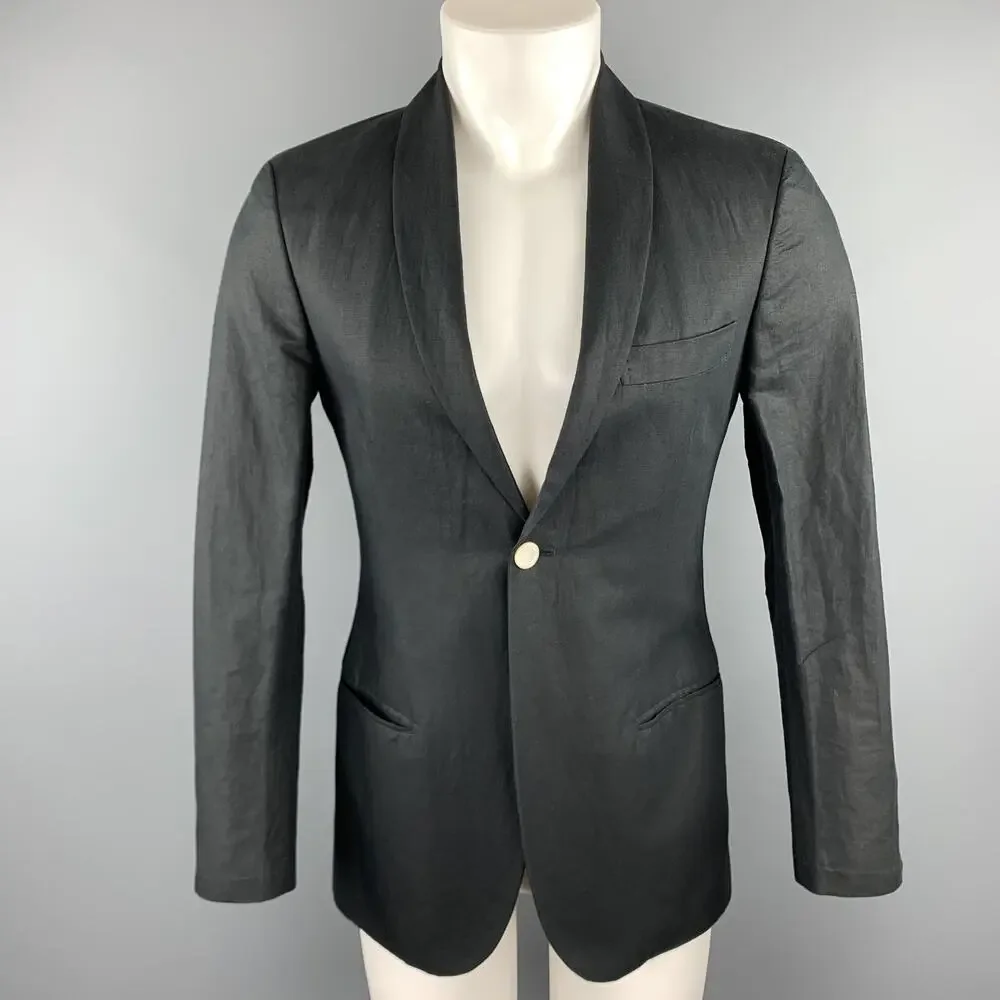 MICHAEL BASTIAN Size 36 Navy Linen / Cotton Shawl Collar Sport Coat